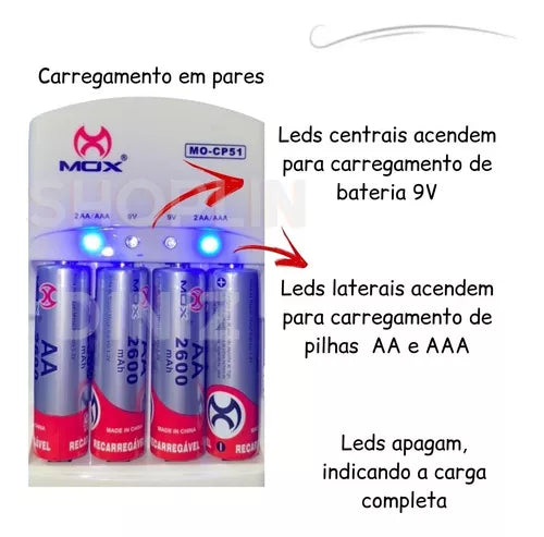 4 Pilhas Aa 2600mah Recarregável + Carregador Auto Stop Cp51 110V/220V