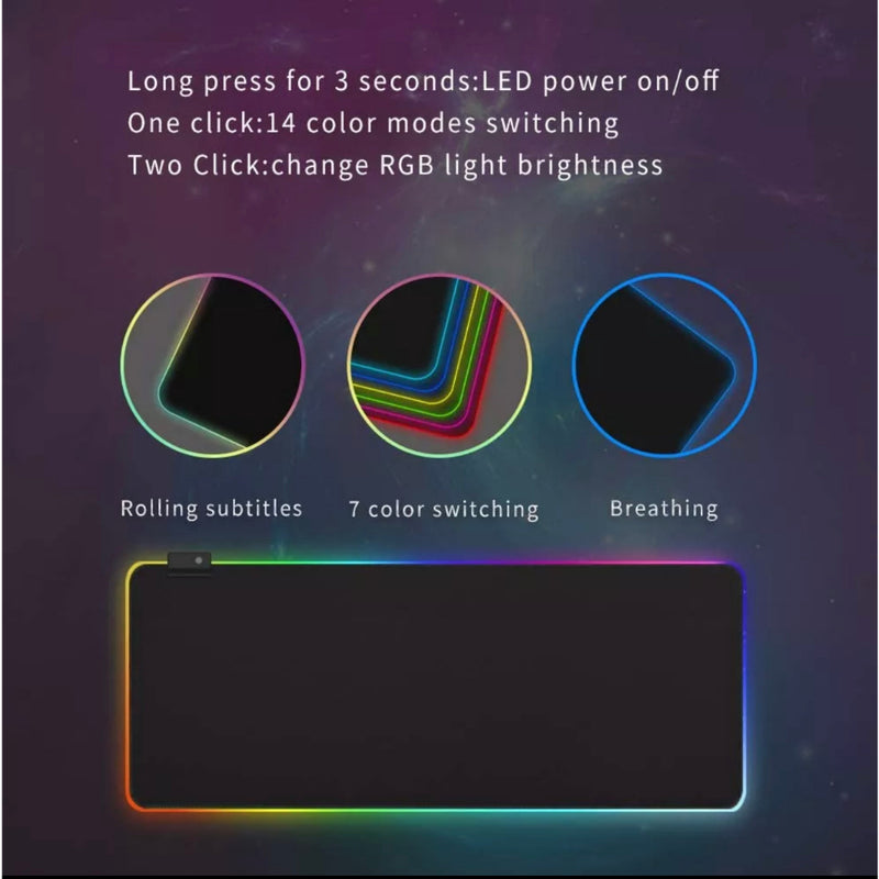 Mouse Pad Gamer Grande Borda Led 7 Cores Rgb Impermeável 30cm X 80cm